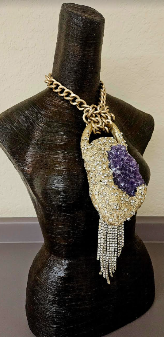 Modern Art Deco Rough Amethyst & Rhinestone Sculpted Gemstone Pendant