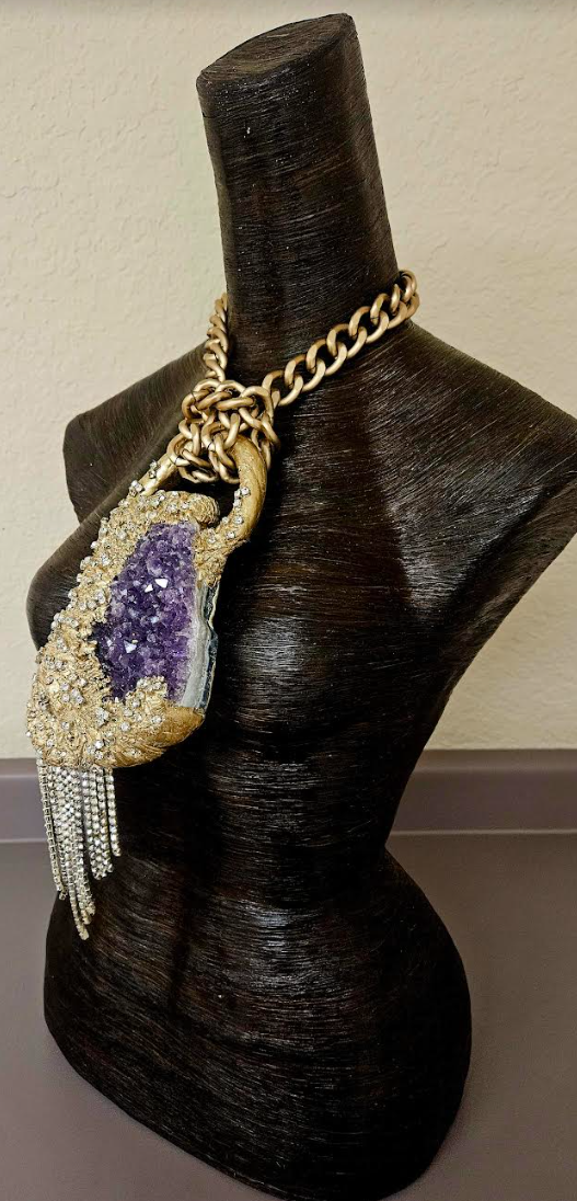 Modern Art Deco Rough Amethyst & Rhinestone Sculpted Gemstone Pendant