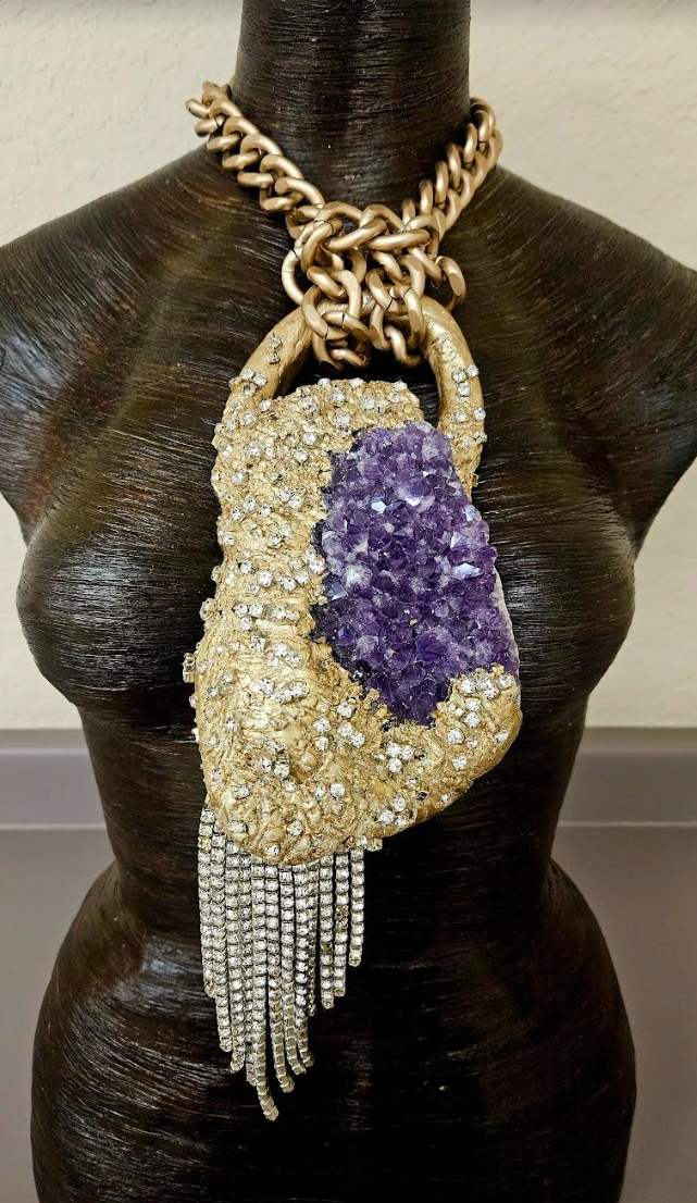 Modern Art Deco Rough Amethyst & Rhinestone Sculpted Gemstone Pendant