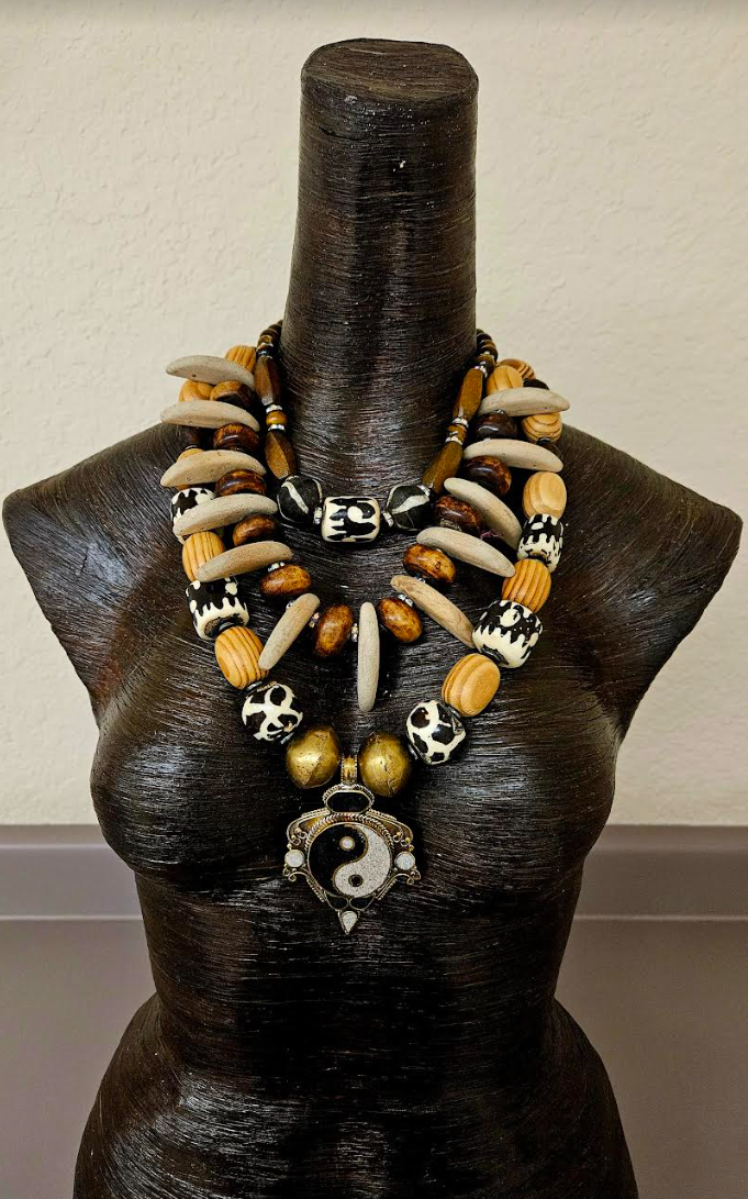 Earth Tone Triple Strand Chest Piece with Ying Yang Gemstone Pendant