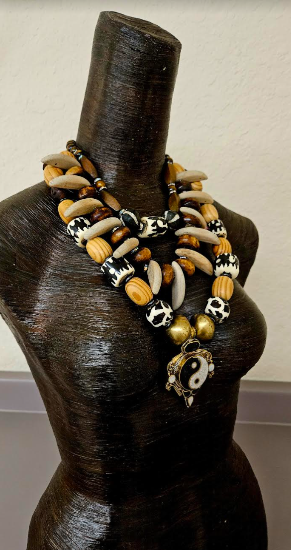 Earth Tone Triple Strand Chest Piece with Ying Yang Gemstone Pendant