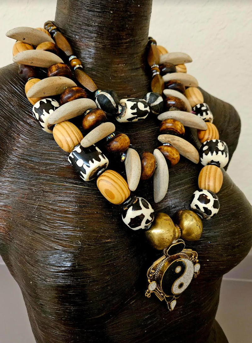 Earth Tone Triple Strand Chest Piece with Ying Yang Gemstone Pendant