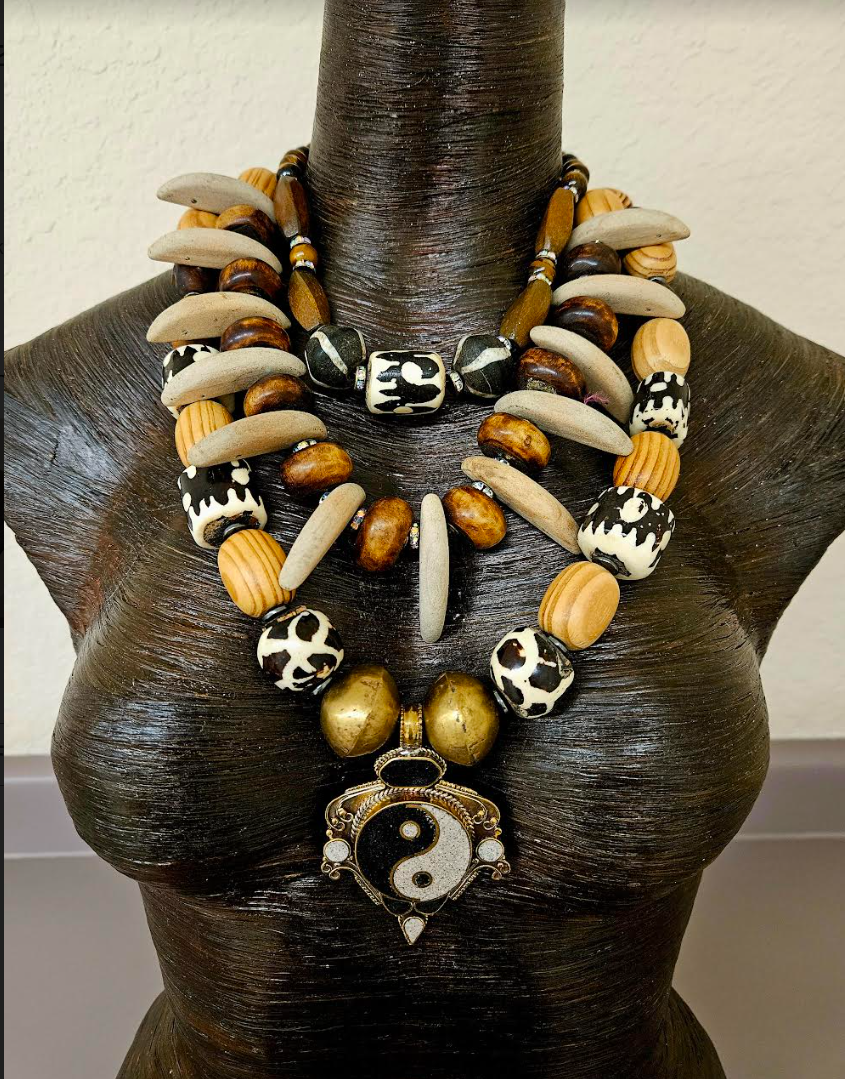 Earth Tone Triple Strand Chest Piece with Ying Yang Gemstone Pendant