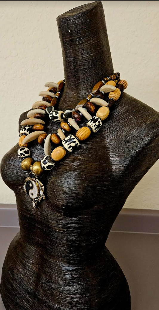 Earth Tone Triple Strand Chest Piece with Ying Yang Gemstone Pendant