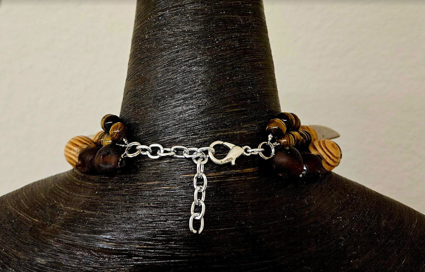 Earth Tone Triple Strand Chest Piece with Ying Yang Gemstone Pendant
