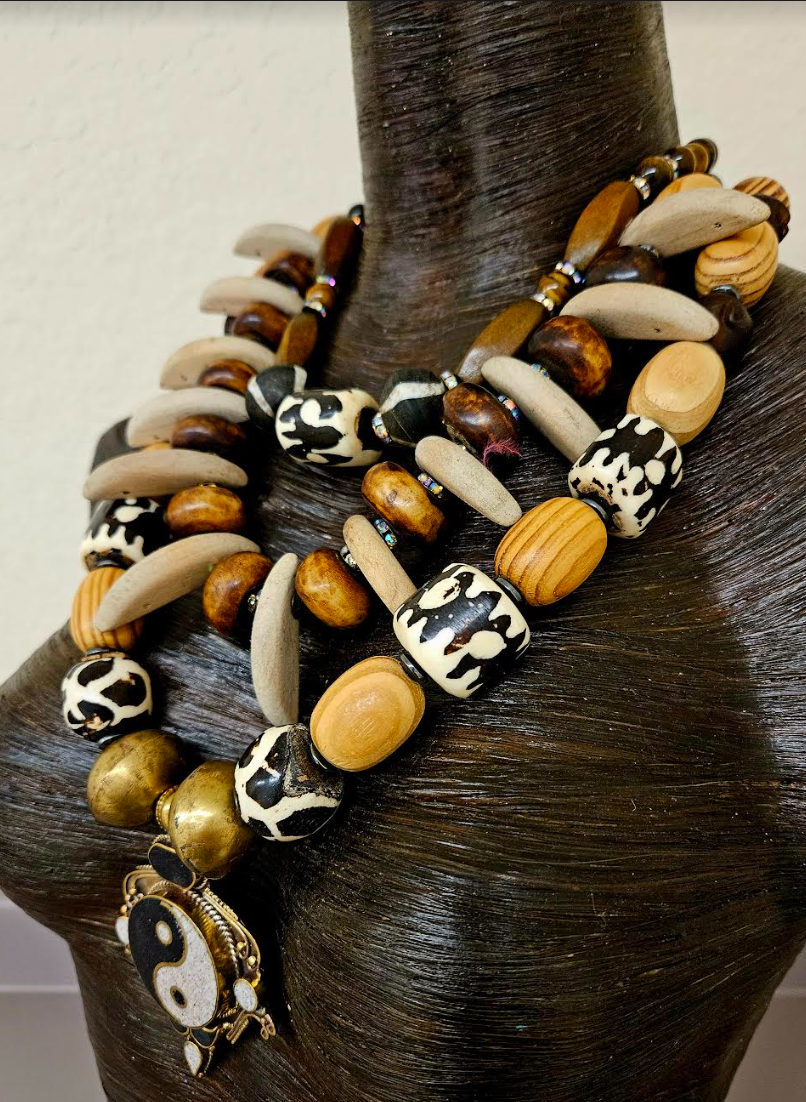 Earth Tone Triple Strand Chest Piece with Ying Yang Gemstone Pendant