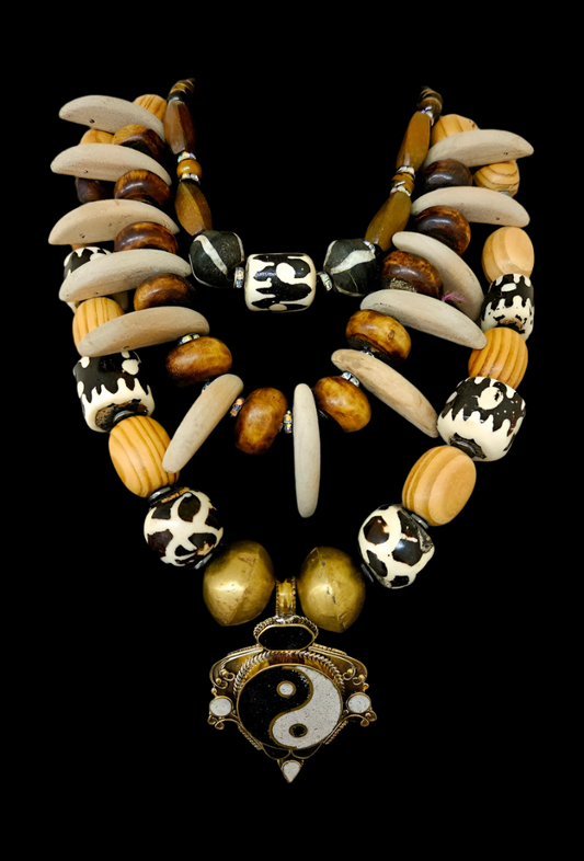Earth Tone Triple Strand Chest Piece with Ying Yang Gemstone Pendant