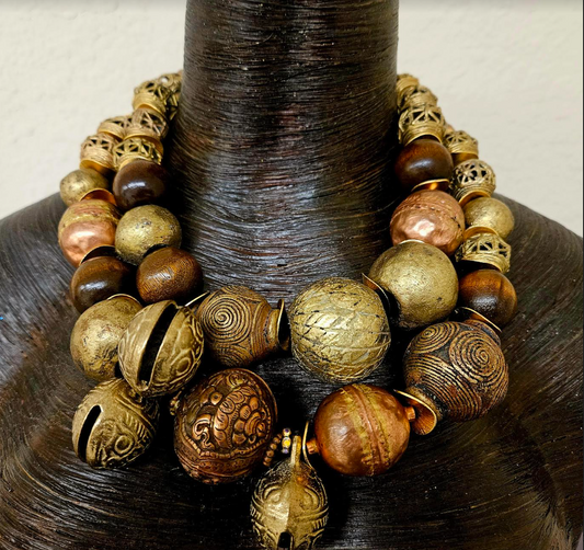 Brass Copper & Wood Oversized Beaded Luxury Ethnic Necklace