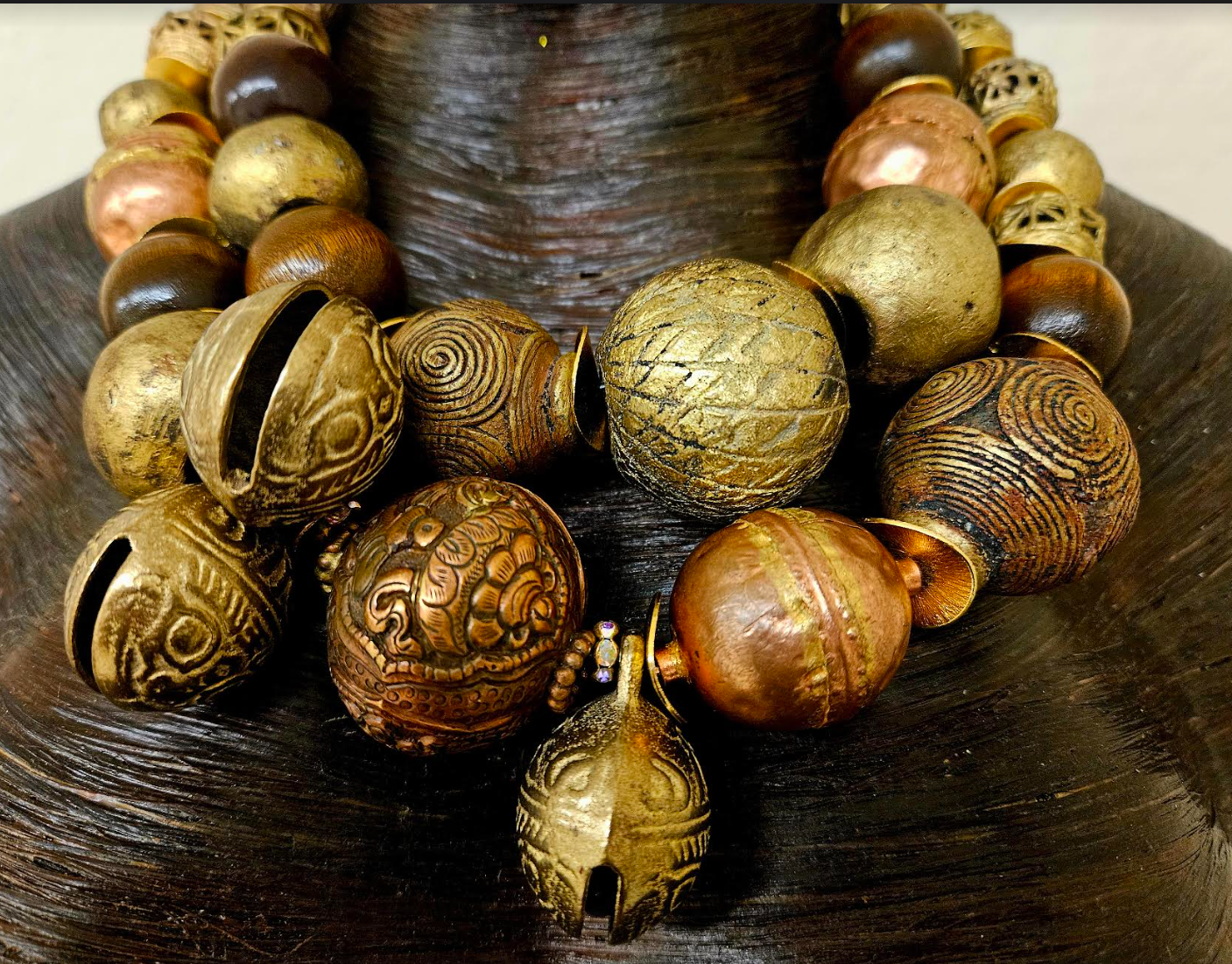 Brass Copper & Wood Oversized Beaded Ethnic Necklace