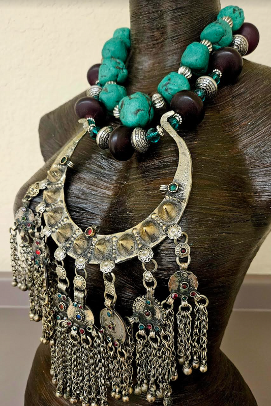 Exotic Wild Tribal Torc & Resin Chest Piece Statement Set - Vintage