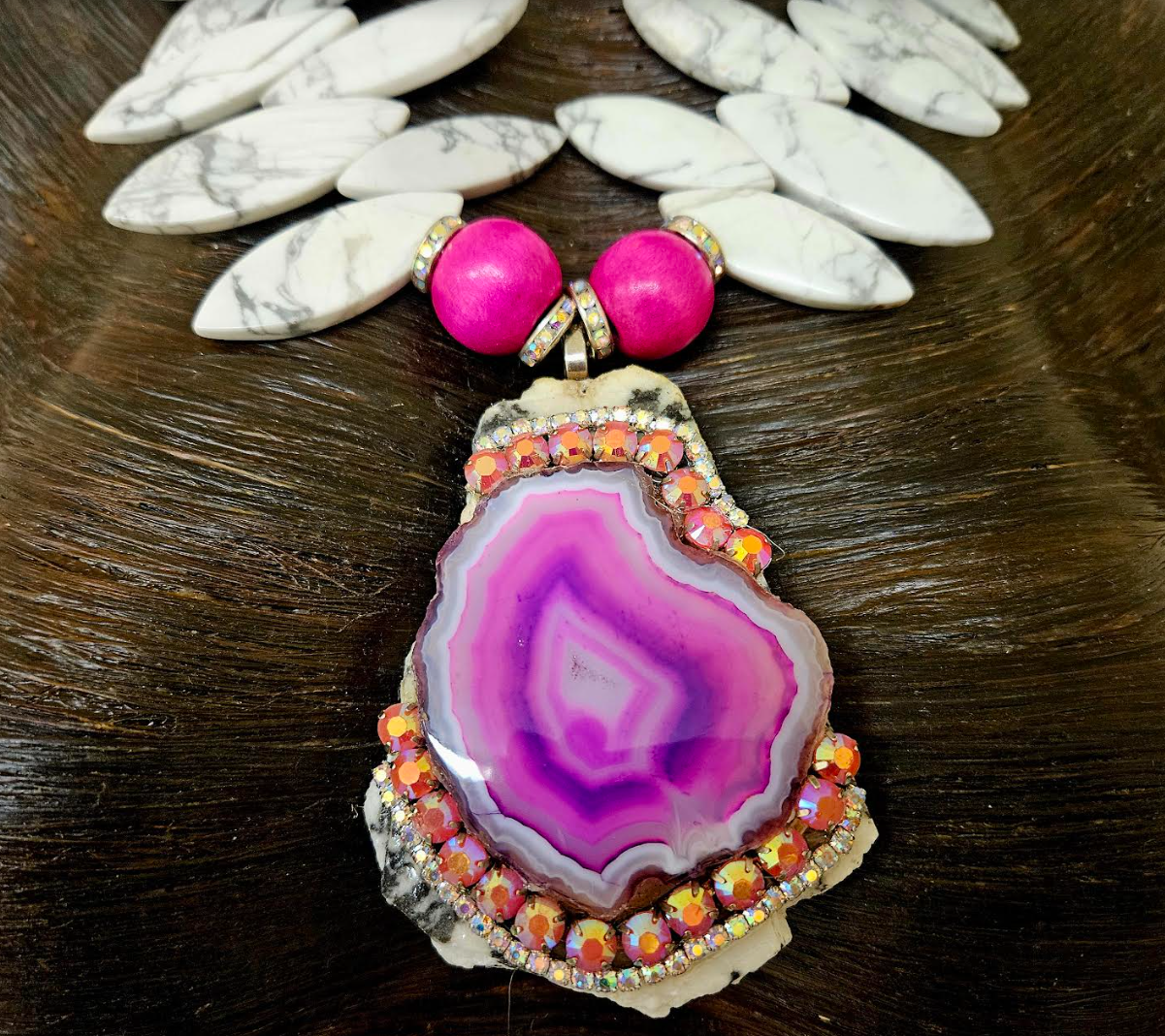 Zebra Jasper & Hot Pink Agate Slab Statement Gemstone Pendant for Peti