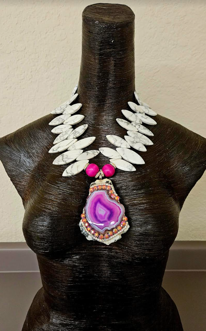 Zebra Jasper & Hot Pink Agate Slab Statement Gemstone Pendant for Peti