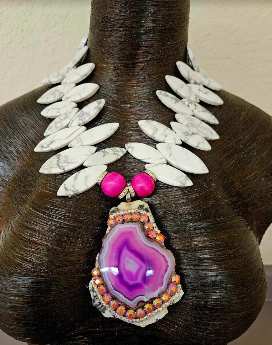 Zebra Jasper & Hot Pink Agate Slab Statement Gemstone Pendant for Peti