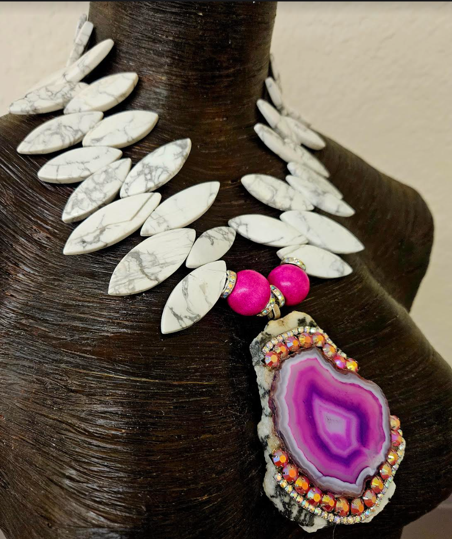 Zebra Jasper & Hot Pink Agate Slab Statement Gemstone Pendant for Peti