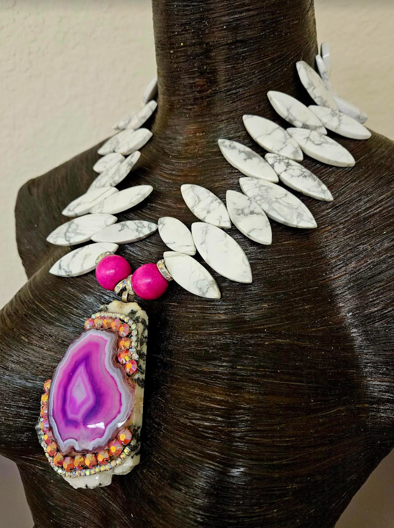 Zebra Jasper & Hot Pink Agate Slab Statement Gemstone Pendant for Peti