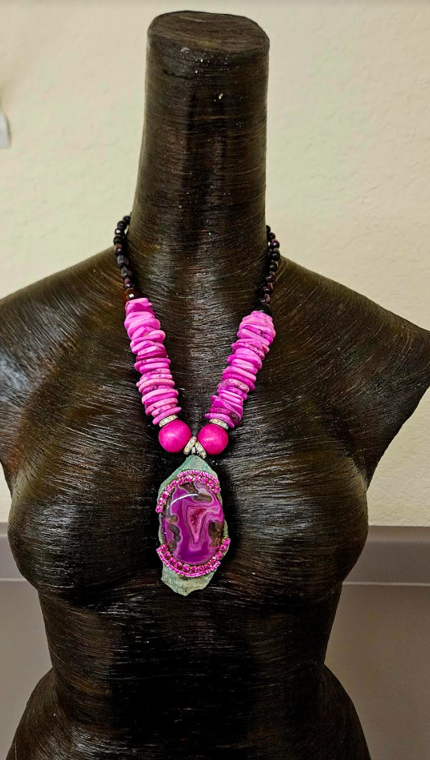 Green and Hot Pink Druzy Gemstone Gemstone Pendant Fuschia Heishi an