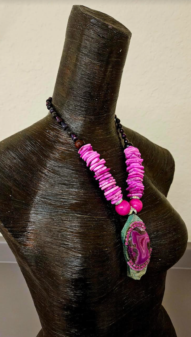 Green and Hot Pink Druzy Gemstone Gemstone Pendant Fuschia Heishi an