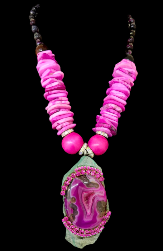 Green and Hot Pink Druzy Gemstone Gemstone Pendant Fuschia Heishi an