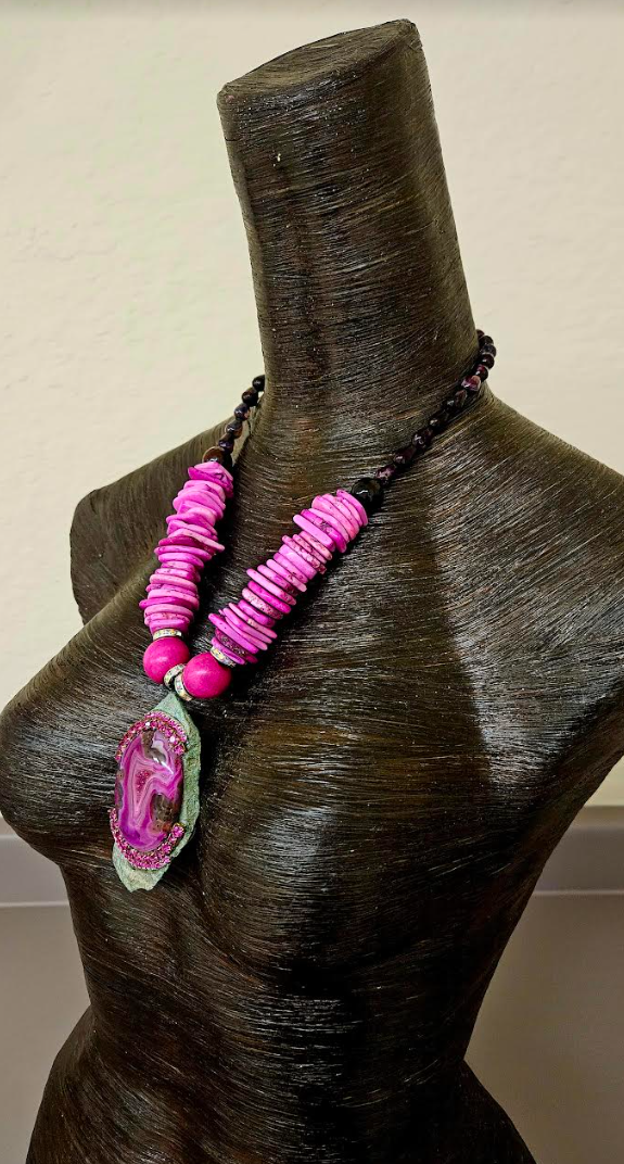 Green and Hot Pink Druzy Gemstone Gemstone Pendant Fuschia Heishi an