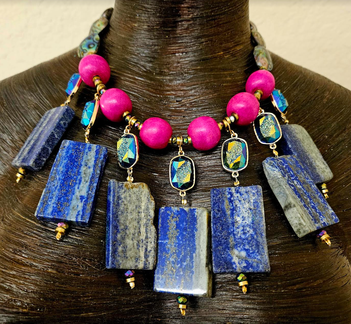 Lapis Lazuli Druzy & Hot Pink Ball Long Dangle Pierced Statement Earri