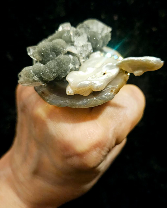 Herkimer Diamond, Quartz Cluster, Freshwater Pearl & Rhinestone Ring