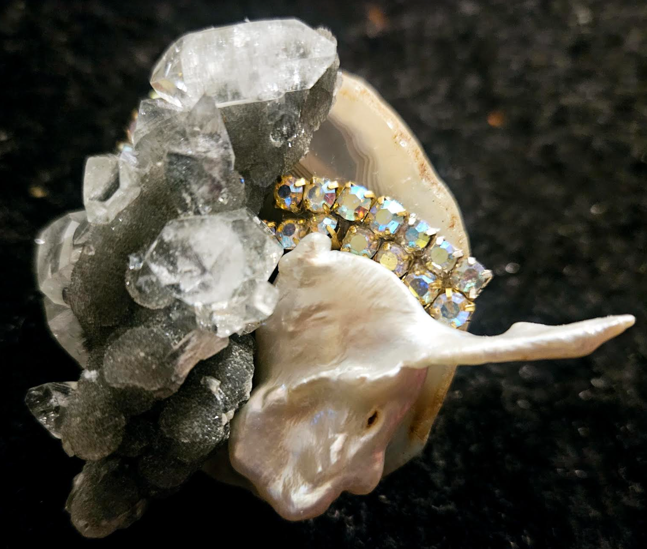 Herkimer Diamond, Quartz Cluster, Freshwater Pearl & Rhinestone Ring
