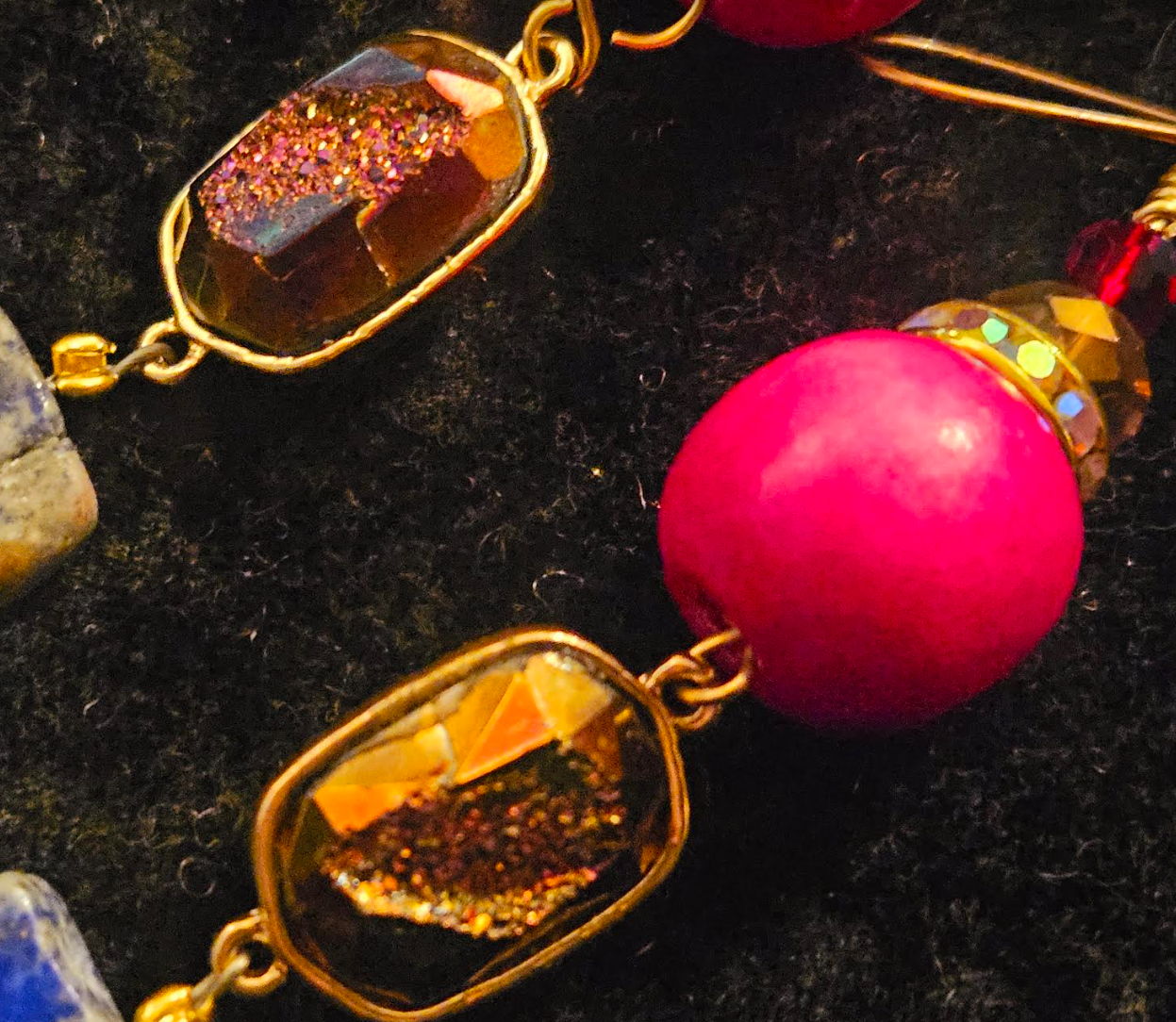 Lapis Lazuli Druzy & Hot Pink Ball Long Dangle Pierced Statement Earri