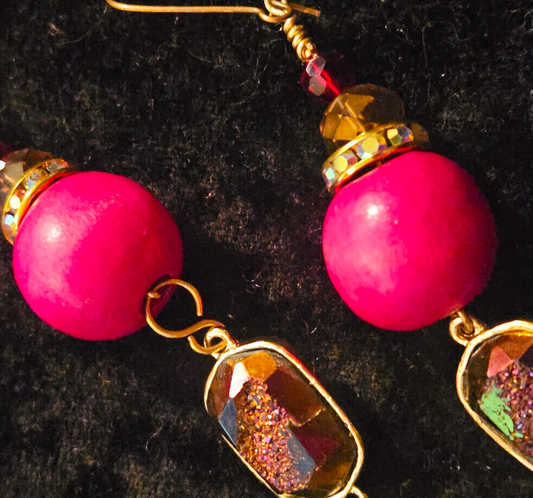 Lapis Lazuli Druzy & Hot Pink Ball Long Dangle Pierced Statement Earri