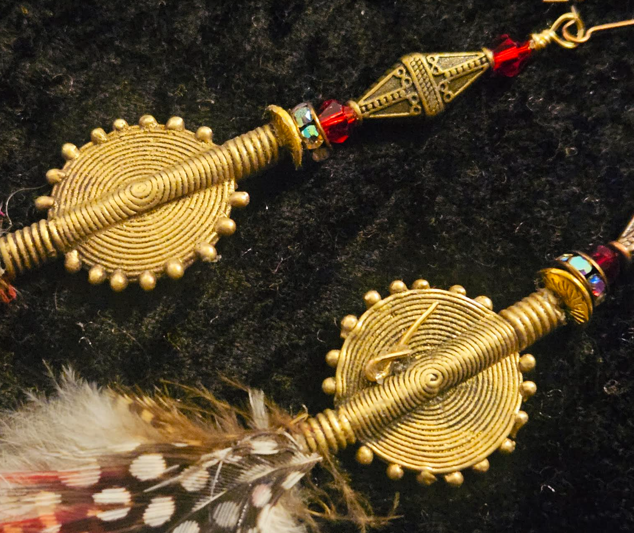 African Lost Wax Brass & Feather Shoulder Duster Pierced Statement Ear