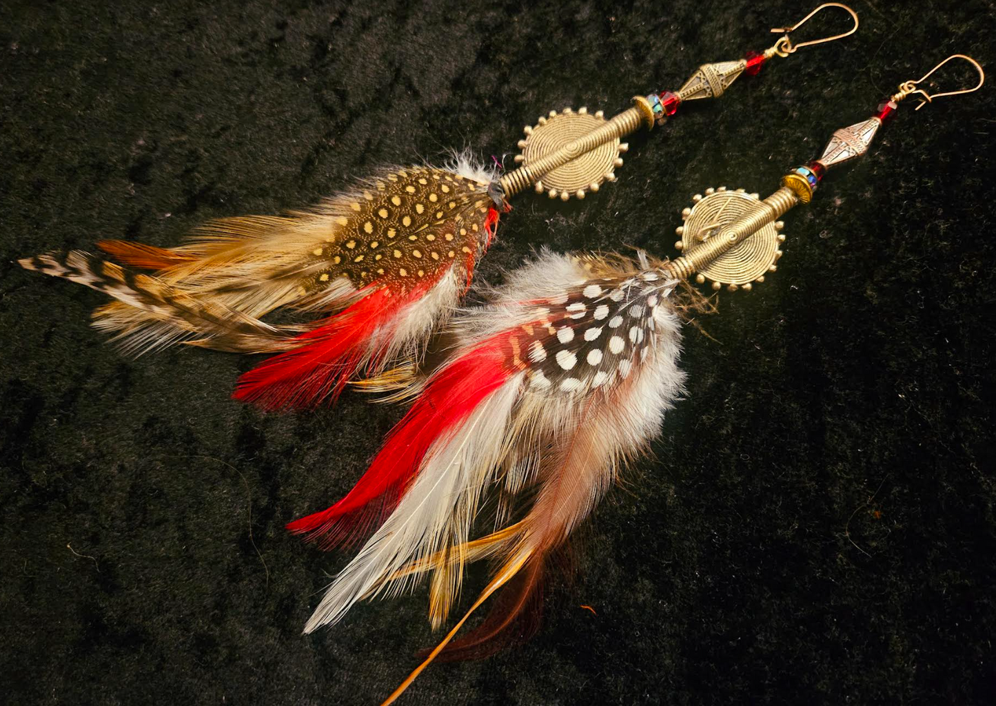 African Lost Wax Brass & Feather Shoulder Duster Pierced Statement Ear