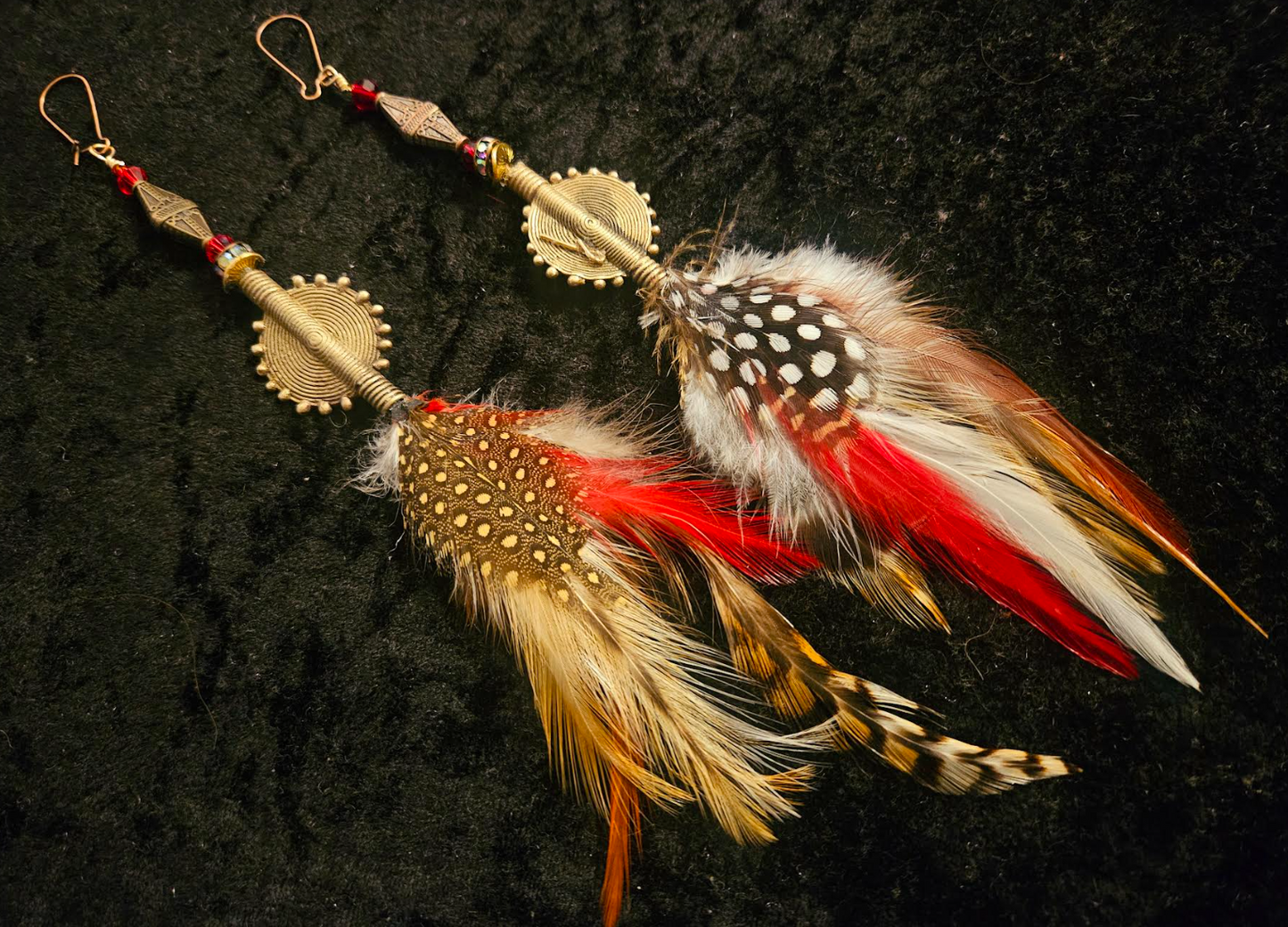 African Lost Wax Brass & Feather Shoulder Duster Pierced Statement Ear