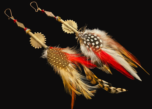 African Lost Wax Brass & Feather Shoulder Duster Pierced Statement Ear