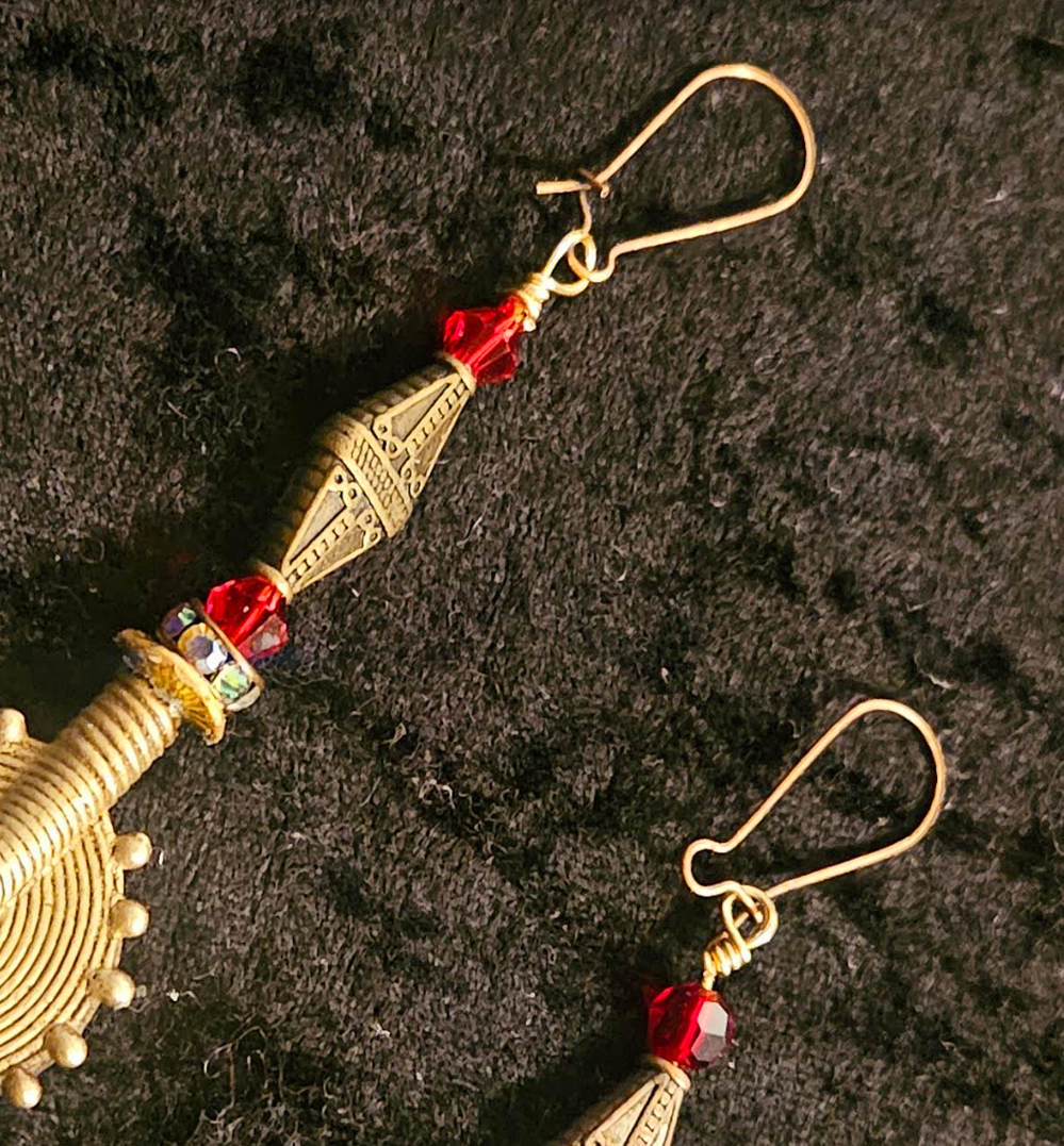 African Lost Wax Brass & Feather Shoulder Duster Pierced Statement Ear