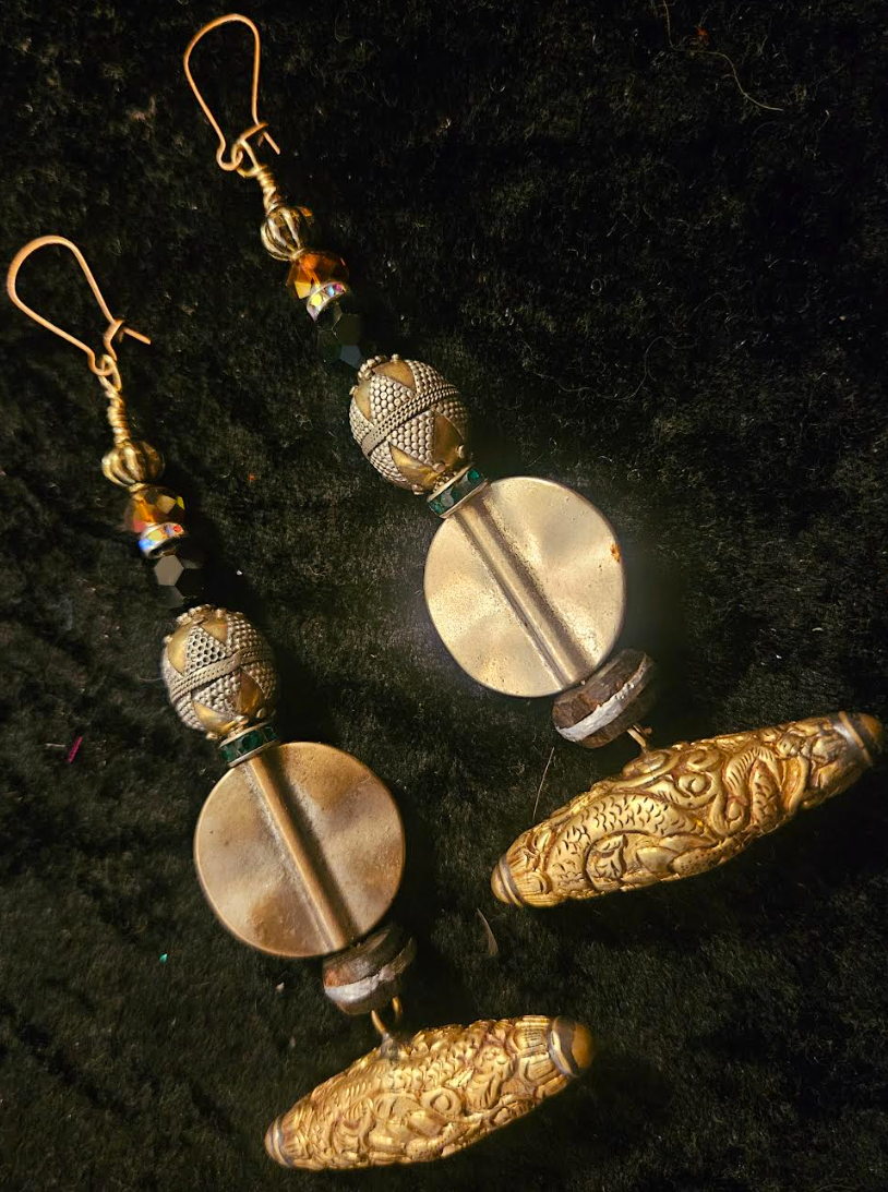 Tibetan Brass Repousse Mixed Metal XL Dangle Pierced Statement Earring
