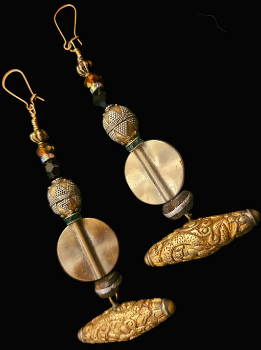 Tibetan Brass Repousse Mixed Metal Pierced Earrings - Exotic OOAK
