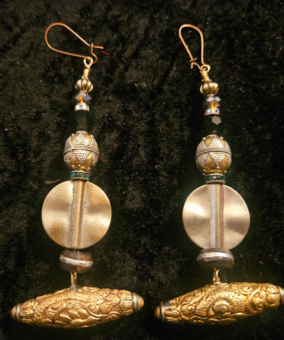 Tibetan Brass Repousse Mixed Metal XL Dangle Pierced Statement Earring