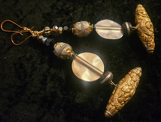 Tibetan Brass Repousse Mixed Metal XL Dangle Pierced Statement Earring