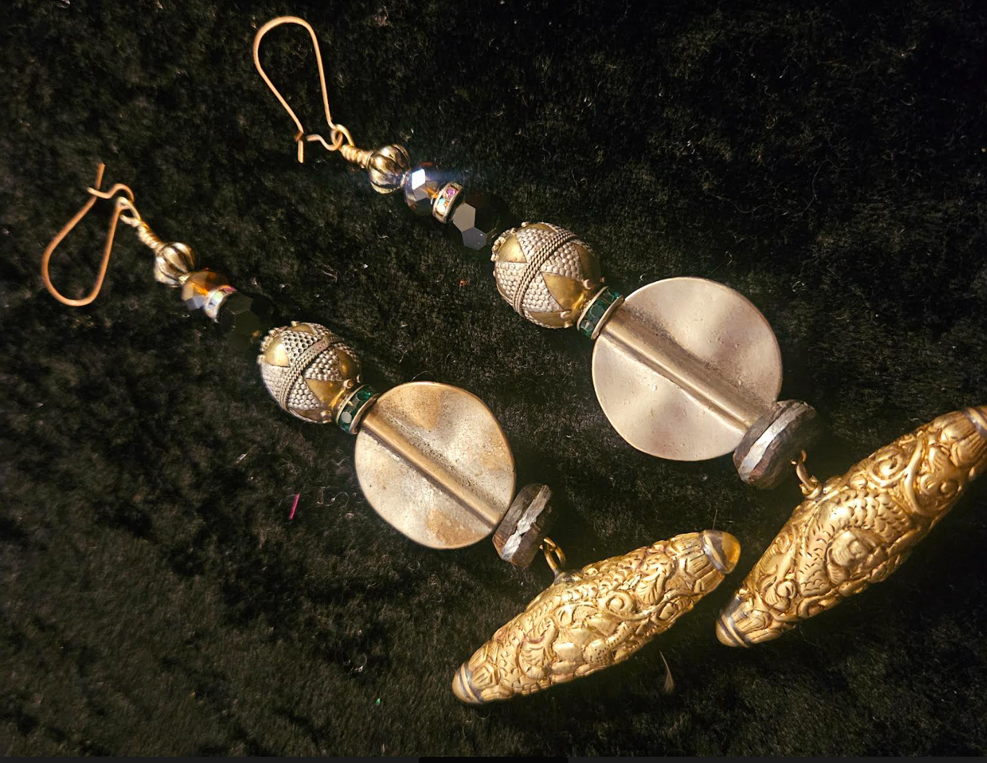 Tibetan Brass Repousse Mixed Metal XL Dangle Pierced Statement Earring