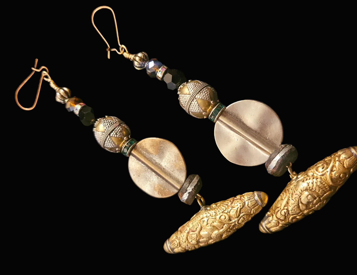 Tibetan Brass Repousse Mixed Metal Pierced Earrings - Exotic OOAK