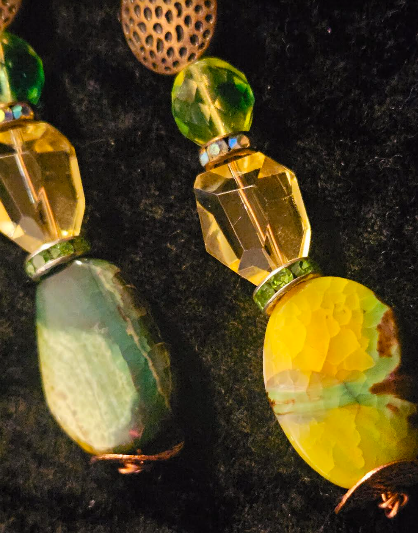 Green & Yellow Gemstone Dangle Pierced Statement Earrings Summer Ear