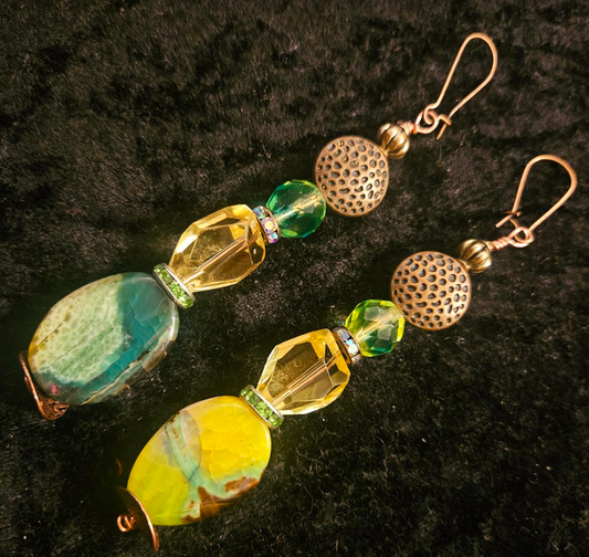 Green & Yellow Gemstone Dangle Pierced Statement Earrings Summer Ear