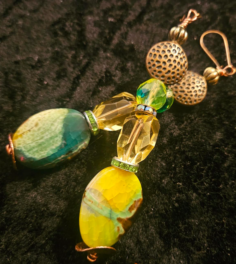 Green & Yellow Gemstone Dangle Pierced Statement Earrings Summer Ear