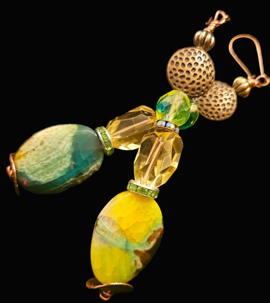 Green & Yellow Gemstone Dangle Pierced Statement Earrings - Summer