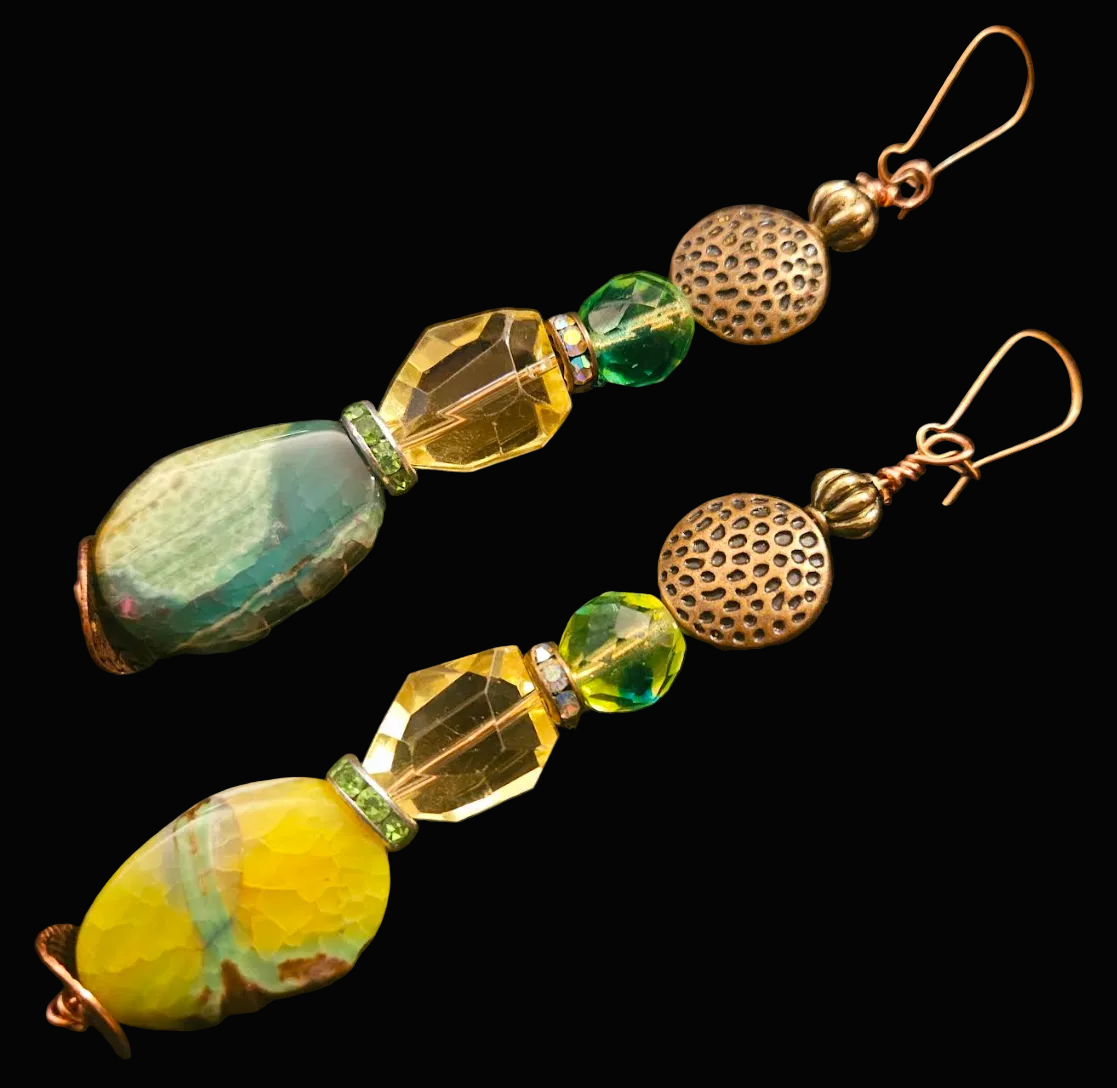 Green & Yellow Gemstone Dangle Pierced Statement Earrings - Summer