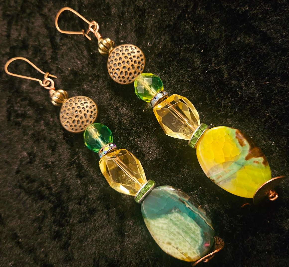 Green & Yellow Gemstone Dangle Pierced Statement Earrings Summer Ear