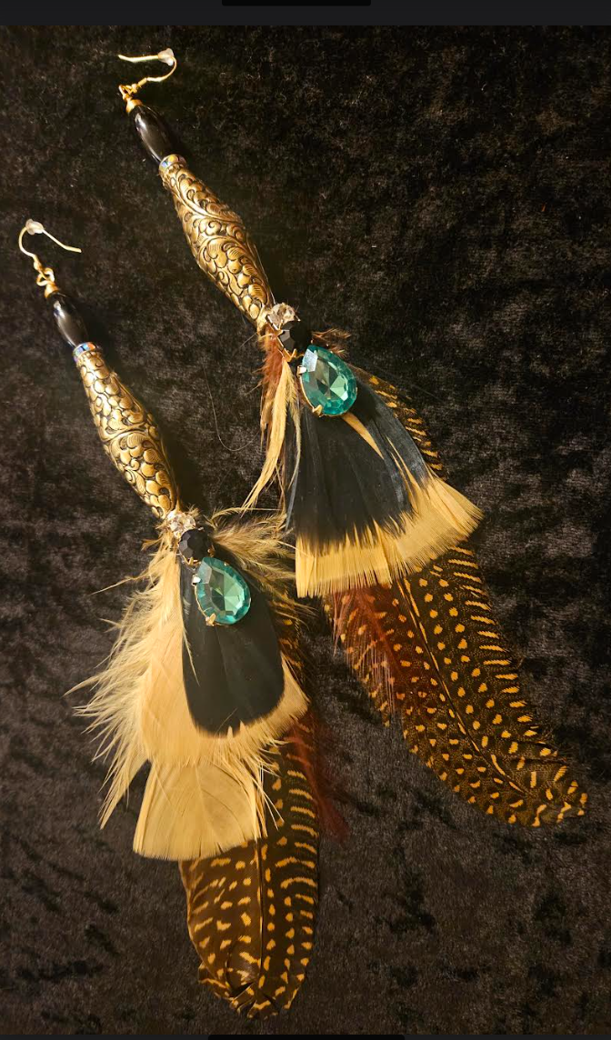Tibetan Repousse Brass & Feather Shoulder Duster Pierced Statement Ear