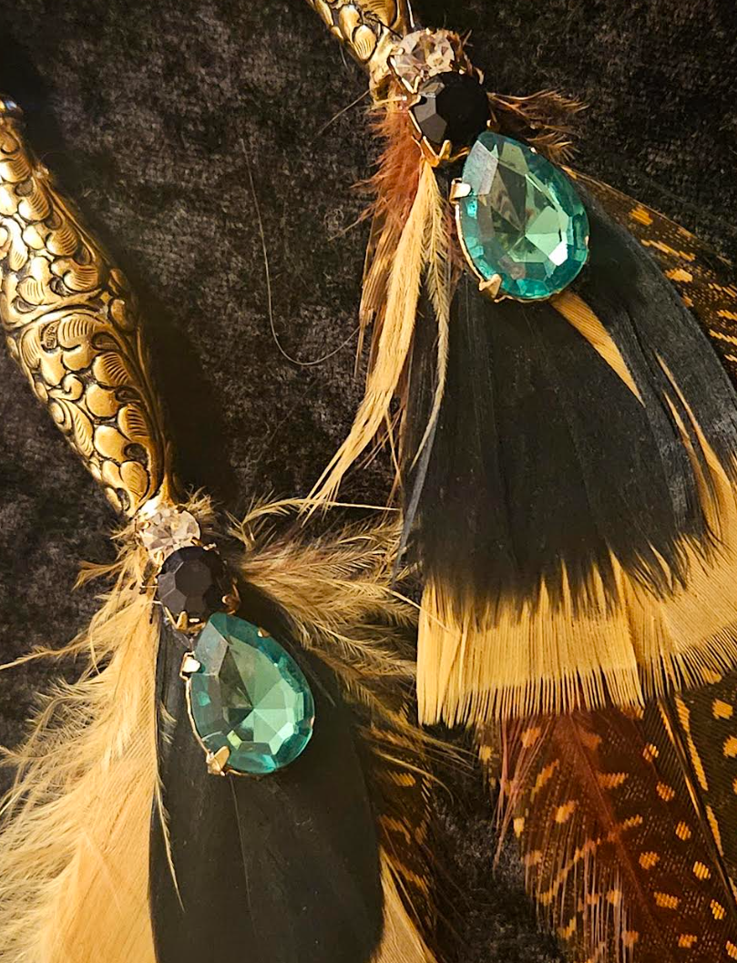 Tibetan Repousse Brass & Feather Shoulder Duster Pierced Statement Ear