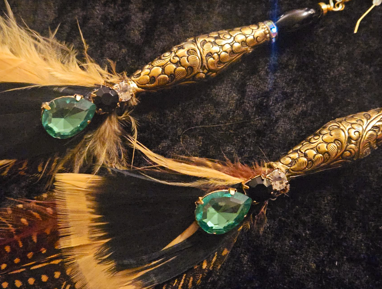 Tibetan Repousse Brass & Feather Shoulder Duster Pierced Statement Ear