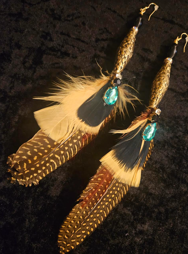 Tibetan Repousse Brass & Feather Shoulder Duster Pierced Statement Ear
