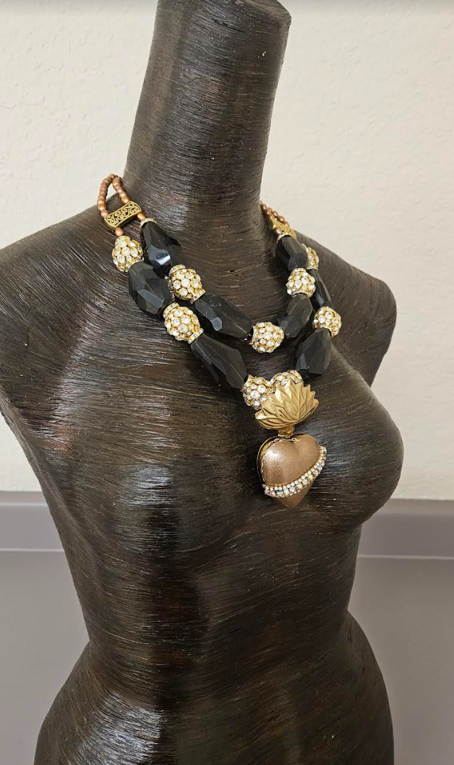 Huge Smoky Quartz Rhinestone Ball & Pearl Statement Luxury Necklace